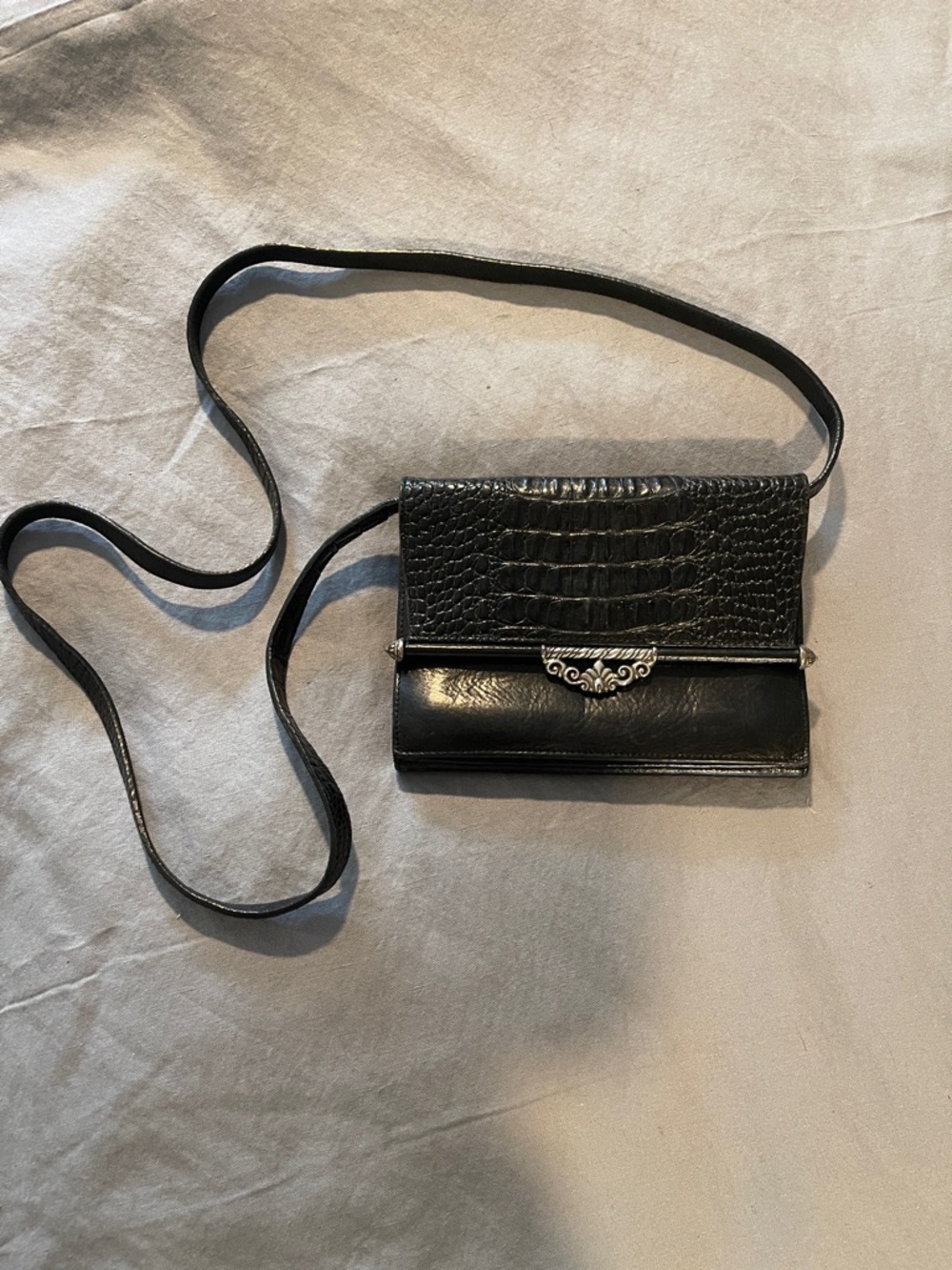 Brighton Black Croc-Embossed Leather Crossbody with Silver Accent